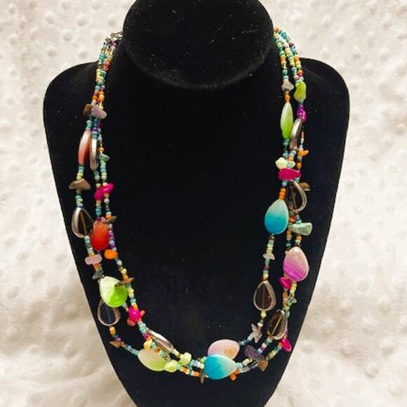 Vintage Multi-Strand, Multi-Color, Glass & Stone Beaded Choker Style Necklace - Picture 1 of 5